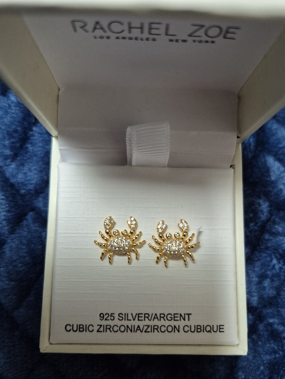 Rachel Zoe 925 Silver Gold Plated Crab Cubic Zirconia Stud Earrings New With Tag